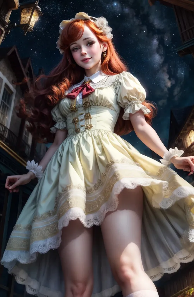 The image is of a young woman with long red hair and blue eyes. She is wearing a white and yellow dress with a white collar and a red ribbon. The dress has a pleated skirt and is trimmed with lace. She is also wearing white stockings and brown shoes. The woman is standing in a street with a building in the background. There is a street lamp on the building and a starry night sky above. The woman is looking at the viewer with a smile on her face.