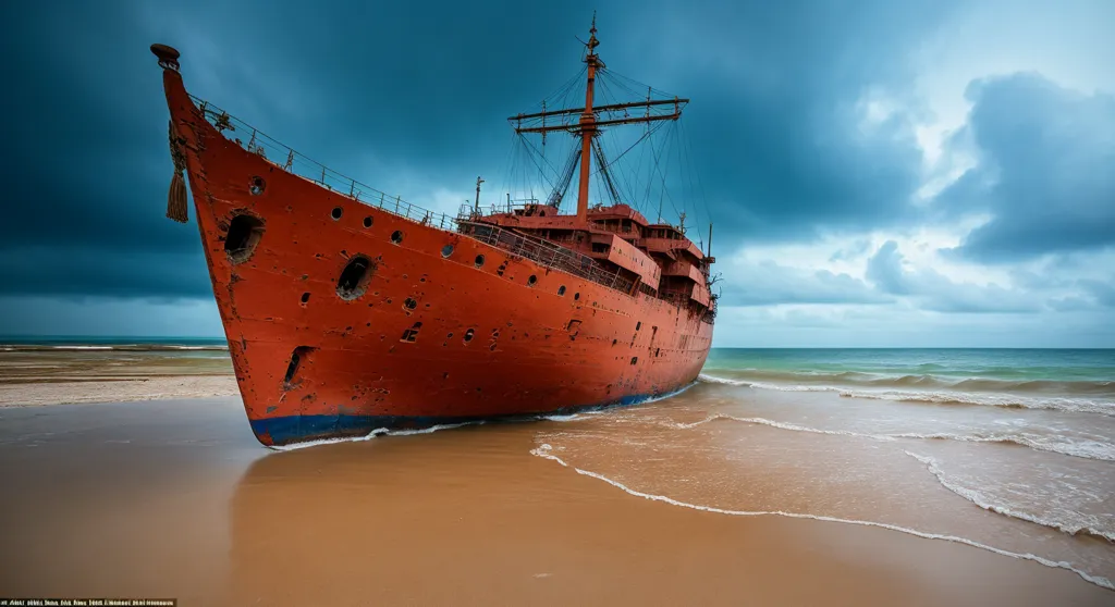 The image shows a large, rusty, red ship that is beached on a sandy shore. The ship is listing to one side and its hull is badly damaged. There are no people on board. The sky is cloudy and the sea is rough. The image is taken from a low angle, which makes the ship look even more imposing. The ship is likely to have been abandoned or wrecked.