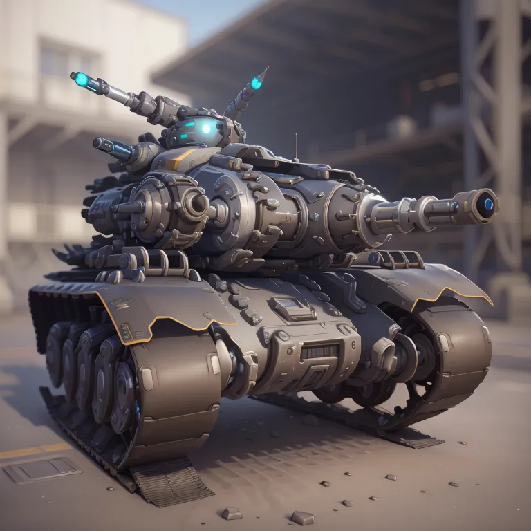 The image shows a futuristic tank. It is dark gray with yellow and blue details. The tank has a large cannon on its turret, as well as several smaller guns on its sides. It also has a set of tracks on each side for movement. The tank is sitting on a flat surface with an out-of-focus building in the background.