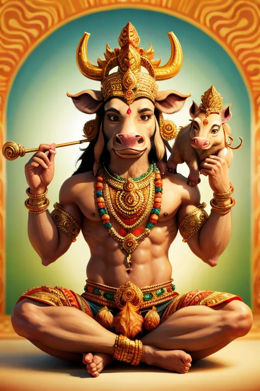 The image shows a muscular man with the head of a bull. He is wearing a loincloth and a lot of jewelry. He is sitting in a lotus position and has a small pig sitting on his shoulder. The background is green and yellow. The man is Nandi, the bull god, and the pig is Varaha, the boar god. They are both Hindu deities.