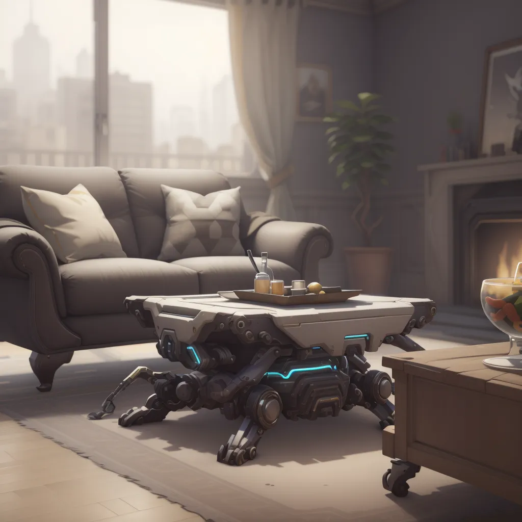 The image shows a living room with a large window, a sofa, a coffee table, and a fireplace. The coffee table is the most eye-catching piece of furniture. It has a white top and black legs that are shaped like spider legs. The table is also equipped with a robotic arm that can be used to serve drinks or food. The sofa is a light gray color and has two white pillows on it. The fireplace is located on the right side of the room and has a fire burning in it. There is a wooden table next to the fireplace with a bowl of fruit on it. The floor is covered in a light gray carpet. The room is decorated with a few pieces of art, including a painting of a cityscape and a sculpture of a woman.