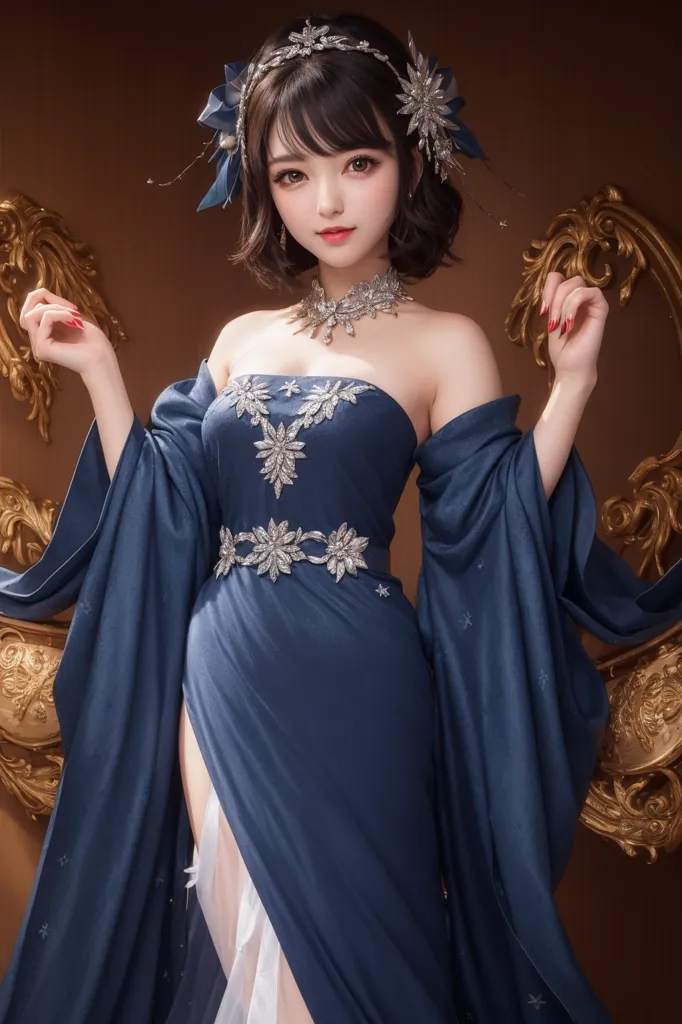 L'image montre une belle jeune femme aux cheveux courts et foncés. Elle porte une robe bleue avec une épaule dénudée et une fente haute, ainsi qu'un collier et un serre-tête en argent. Elle se tient devant un fond brun avec des cadres dorés ornés de chaque côté.