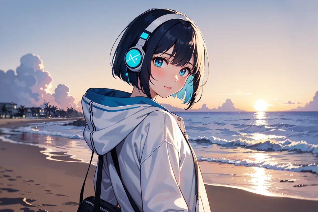 La imagen es un dibujo de estilo anime de una chica de pie en una playa. Lleva una sudadera blanca con un cuello a rayas azul y blanco y un par de auriculares. La chica tiene el pelo corto azul y ojos azules. Está mirando al océano, que está en el fondo. El sol se está poniendo y el cielo es un degradado de naranja y rosa. La playa es arenosa y hay algunas palmeras a lo lejos.