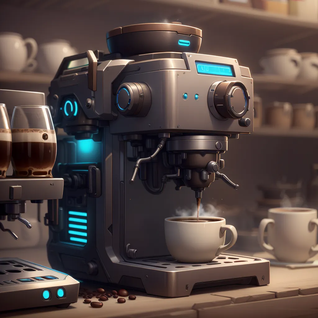 The image shows a futuristic coffee machine. It is made of metal and has a sleek design. The machine has a large touchscreen display and a variety of buttons and knobs. There is also what appears to be a coffee grinder on the left side of the machine. A cup of coffee is sitting on the right side of the machine.