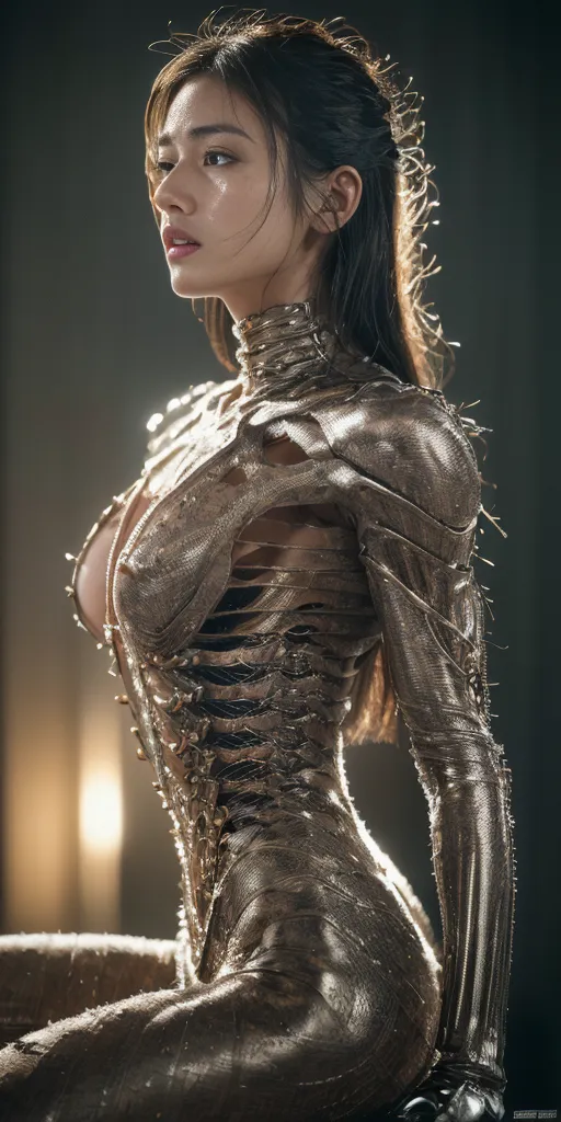 The image is of a woman who appears to be made of metal. She has long, dark hair and is wearing a metallic bodysuit that is partially open, exposing her breasts. The bodysuit has intricate detailing and appears to be made of interlocking pieces of metal. The woman's skin is smooth and flawless, and she has a perfect figure. She is standing in a dark room, and her eyes are narrowed, as if she is concentrating on something.