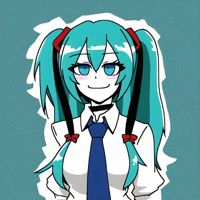 The image shows a girl with long green hair and blue eyes. She is wearing a white shirt and a blue tie. The girl has a small smile on her face. She is also wearing a black choker with a red ribbon on the right side.