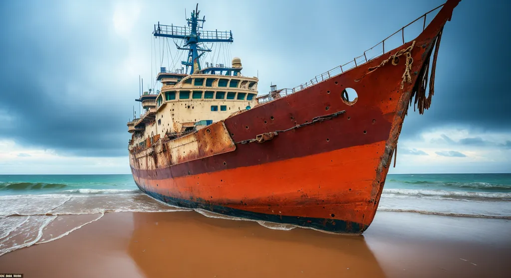 The image shows a large, rusty, abandoned ship that has run aground on a beach. The ship is listing to one side and is partially submerged in the water. The beach is sandy and there are waves crashing on the shore. The sky is cloudy and there is a storm brewing in the distance.