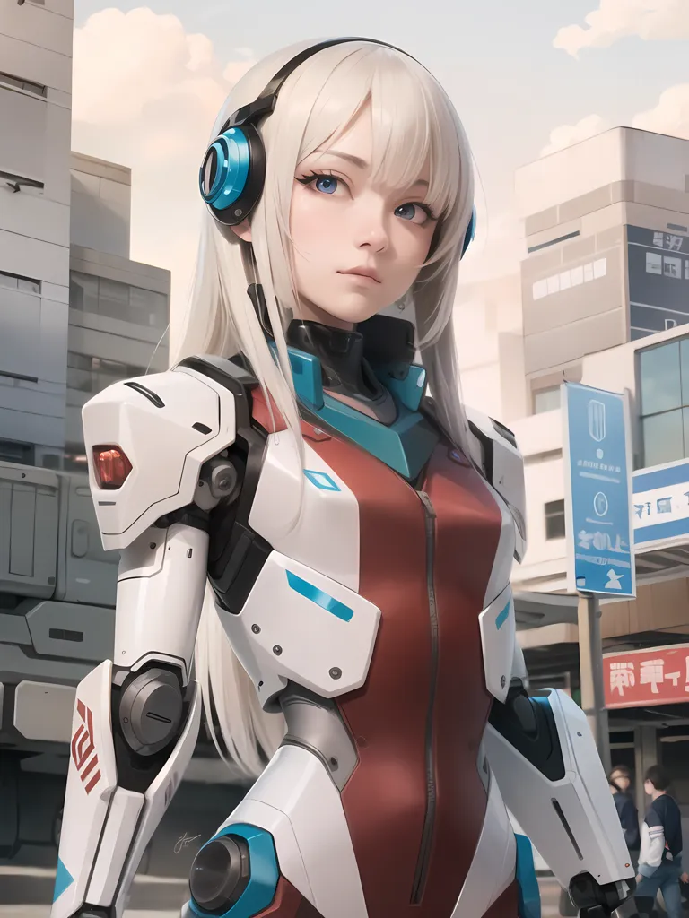 The image is a painting of a young woman with long white hair. She is wearing a red and white bodysuit and a pair of blue headphones. She has a serious expression on her face. The background is a city street with tall buildings and people walking around.