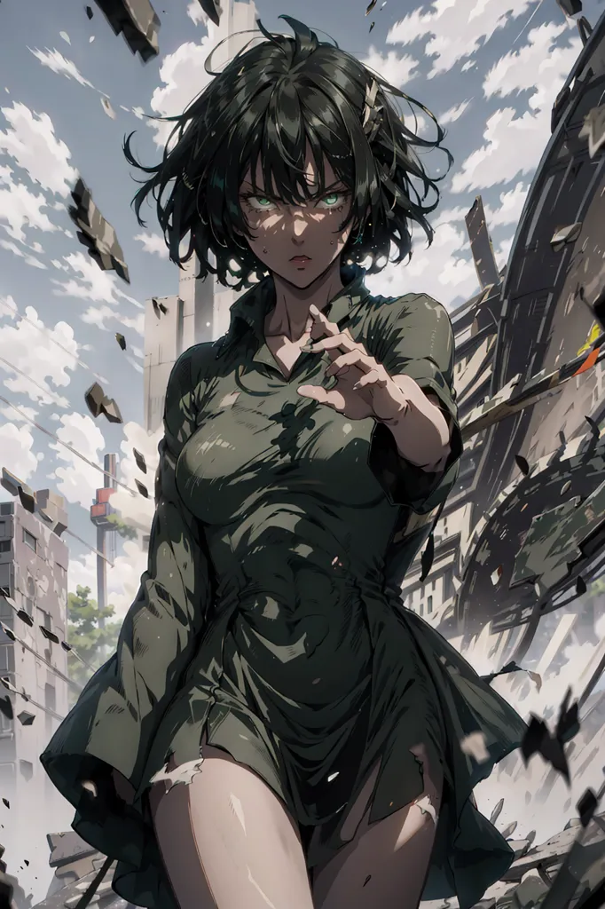 The image is of a young woman with short green hair and green eyes. She is wearing a torn green dress. The woman is standing in a destroyed city. There are ruins of buildings and debris all around her. The sky is cloudy and there are storm clouds in the distance. The woman is looking at the viewer with a serious expression. She has her right hand outstretched.