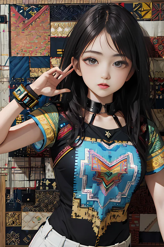 The image is a portrait of a young woman with long black hair. She is wearing a colorful shirt and a black choker. She has her right hand raised to her ear. The background is a colorful pattern. The woman's expression is serious.