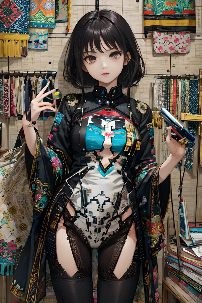 The image is a painting of a young woman standing in front of a wall of colorful tapestries. She is wearing a black and white bodysuit with a blue and white midsection. The bodysuit has a high collar and a plunging neckline. She is also wearing a black and white haori with floral designs and a pair of black thigh-high stockings. The woman has short black hair and brown eyes. She is holding a pair of scissors in her right hand and a measuring tape in her left hand. There are several spools of thread and other sewing supplies on the table behind her.