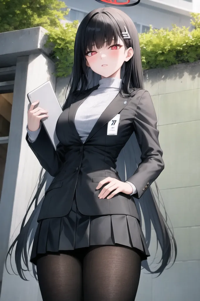 The image shows a young woman with long black hair and red eyes. She is wearing a black suit jacket, a white turtleneck blouse, and a gray pleated skirt. She is also wearing black stockings and black high heels. She is holding a tablet in her hands. She has a serious expression on her face. She is standing in front of a building.