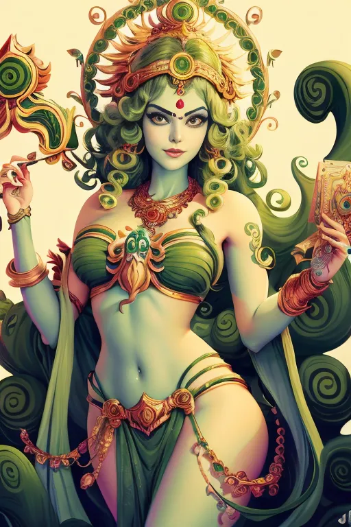 A imagem mostra uma mulher de pele verde usando um top de biquíni dourado e uma saia verde com um cinto dourado. Ela tem cabelos longos e verdes e olhos verdes. Ela está em pé em frente a um fundo branco e segura um livro na mão direita. Ela também está usando muitas joias, incluindo um colar, brincos e pulseiras. A mulher tem uma expressão serena no rosto e parece estar perdida em pensamentos.