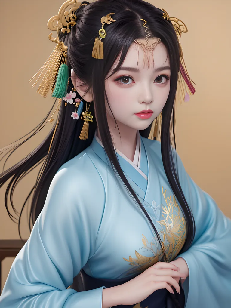 The picture shows a young woman with long black hair and brown eyes. She is wearing a blue and gold hanfu with intricate details. The woman has a gentle smile on her face and is looking at the viewer.