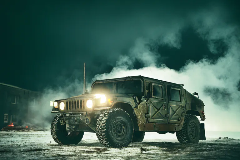 A large, green military vehicle is shown in the center of the image. It is surrounded by smoke and appears to be in a war zone. The vehicle is a Humvee, and it is being driven by a soldier. The soldier is wearing a helmet and a flak jacket, and he is armed with a rifle. The Humvee is also equipped with a machine gun. The image is taken from a low angle, and it is clear that the soldier is in a dangerous situation.