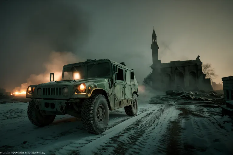 A lone military Humvee drives through a snowy war zone. The vehicle is damaged and has its headlights on. There is a destroyed mosque in the background. The sky is dark and there are ruins of buildings on both sides of the road.