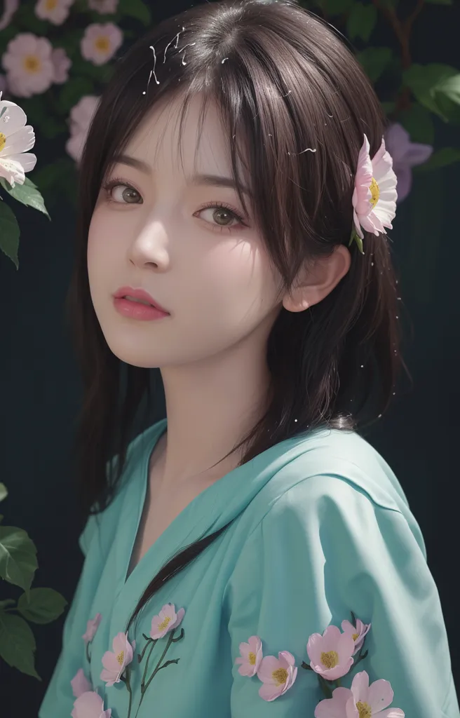 The picture shows a young woman with long dark hair. She is wearing a blue shirt with white flowers on it. There are also white flowers in her hair. The background is dark green. The woman's eyes are brown and her lips are slightly parted. She is looking at the viewer with a gentle expression.