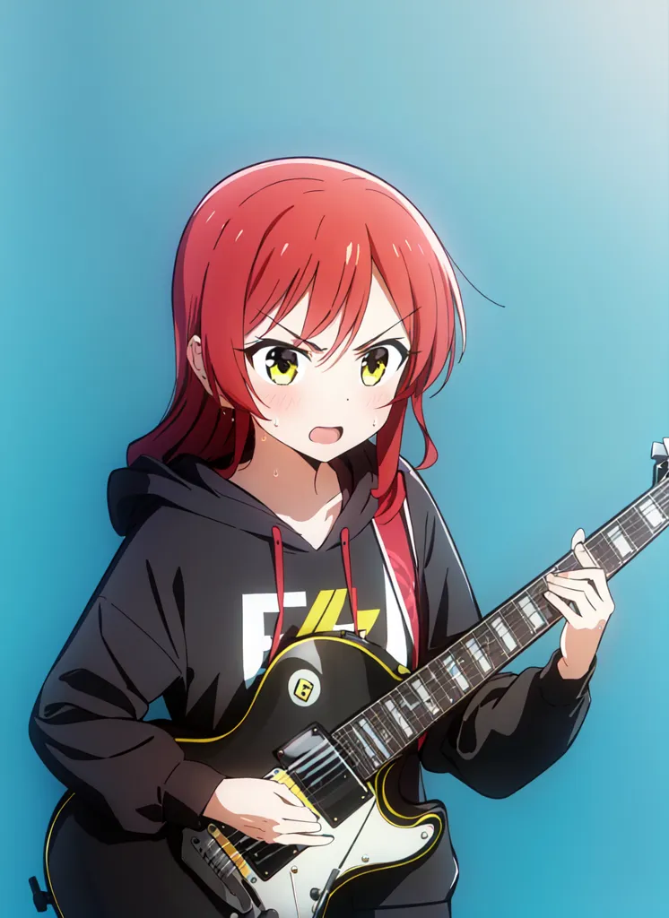 The image shows a young girl with bright red hair and yellow-orange eyes. She is playing an electric guitar. She is wearing a black hoodie with a yellow lightning bolt on the front. She is looking at the fretboard of the guitar with a slightly puzzled expression. The background is a light blue gradient.