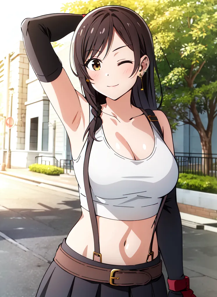 The image shows a young woman with long dark hair and brown eyes. She is wearing a white crop top, a black skirt, and a brown belt. She has a confident smile on her face and is winking at the viewer. She is standing in a city street with a building and a tree in the background.