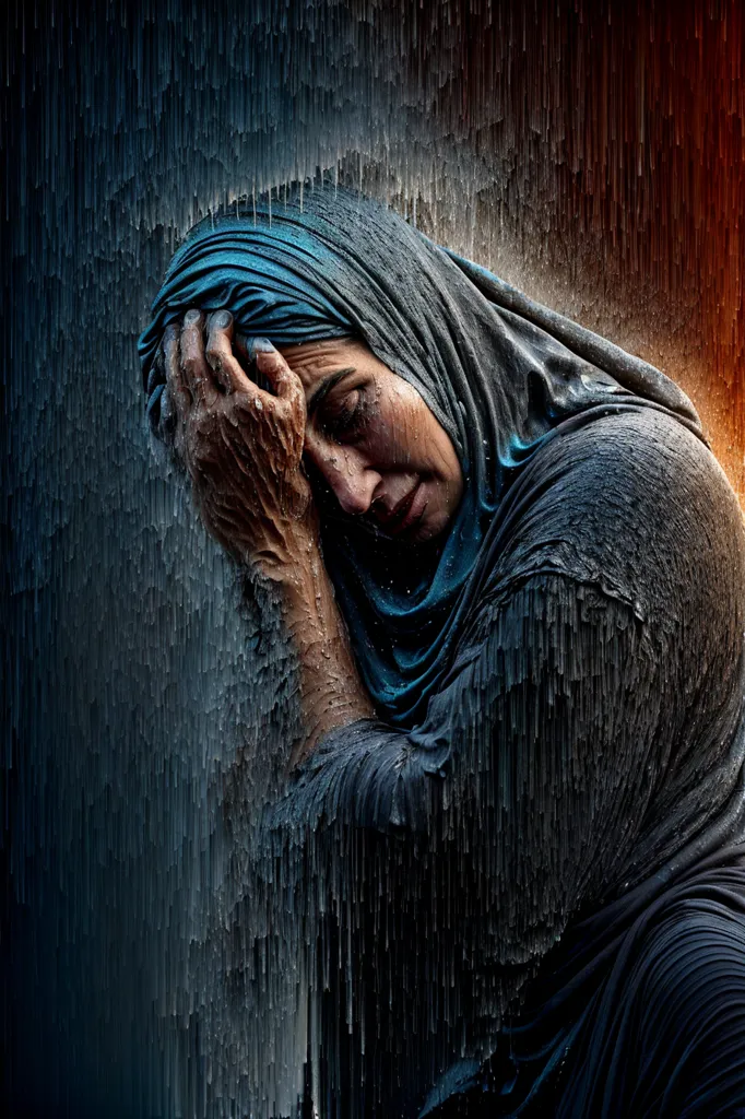 Uma mulher usando um hijab é retratada na imagem. Ela está chorando e tem as mãos no rosto. A mulher está vestida com um hijab azul e uma abaya preta. Ela está em pé em frente a um fundo escuro. A imagem está pixelizada.