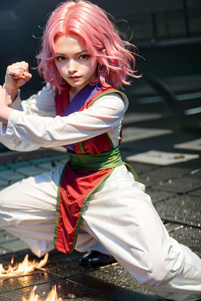 L'image montre une jeune femme aux cheveux roses, vêtue d'un kimono blanc et rouge. Elle est en position de combat, les poings levés devant elle. Son expression est sérieuse et déterminée. L'arrière-plan est flou de gris et de noir, avec quelques flammes oranges à ses pieds.