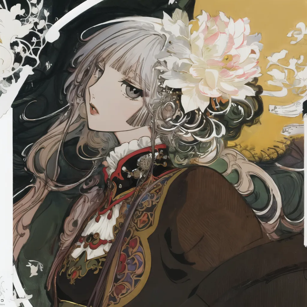 The image is a painting of a young woman with long silver hair and gray eyes. She is wearing a black and gold cheongsam with a white collar. The cheongsam is decorated with intricate patterns. She has a white flower in her hair. The background is a dark green with a yellow moon.