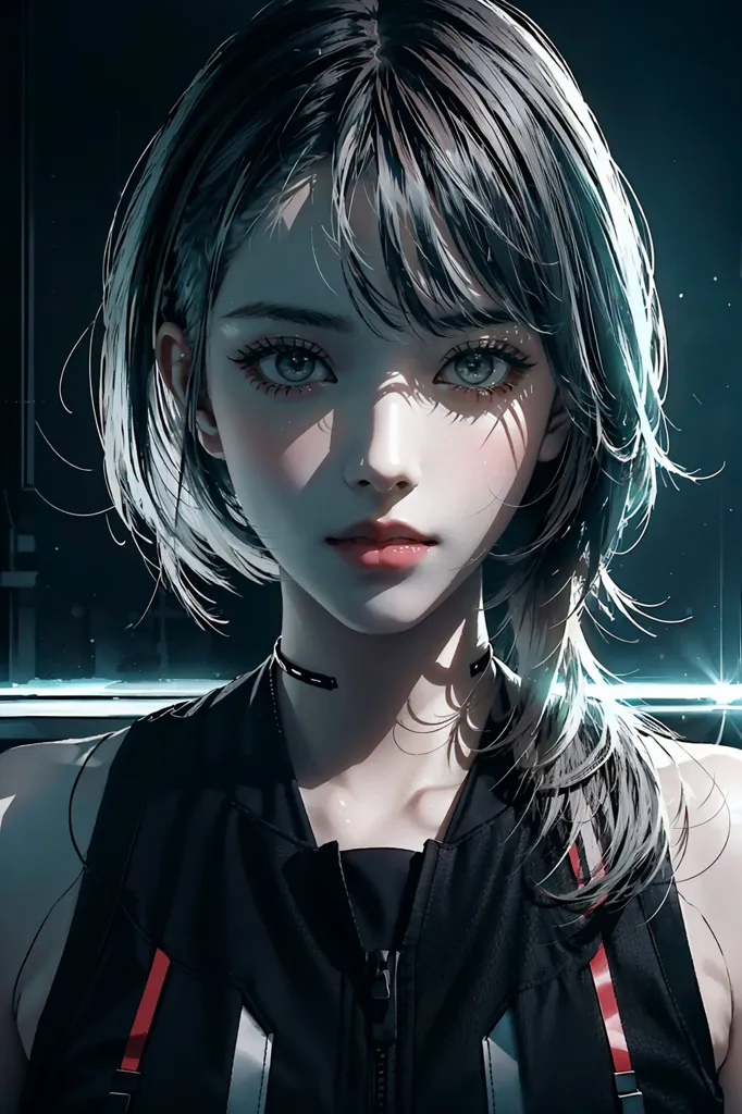 The image is a portrait of a young woman with short gray hair and green eyes. She is wearing a black choker and a black jacket with red stripes. The background is dark with a bright light on the left side of the image. The woman's expression is serious and thoughtful.