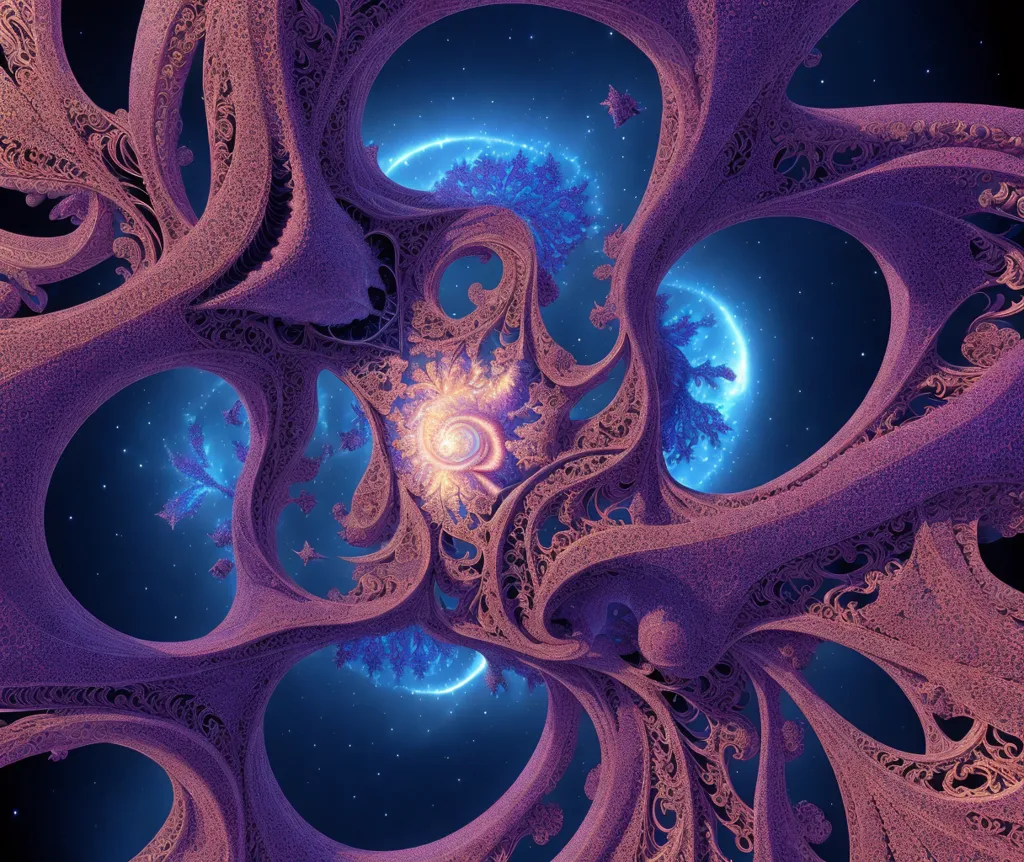 The image is a beautiful fractal with intricate purple and pink patterns resembling organic structures. It is set against a dark blue background with bright blue and white stars and has a glowing yellow center. The image is very detailed and has a sense of depth and mystery.