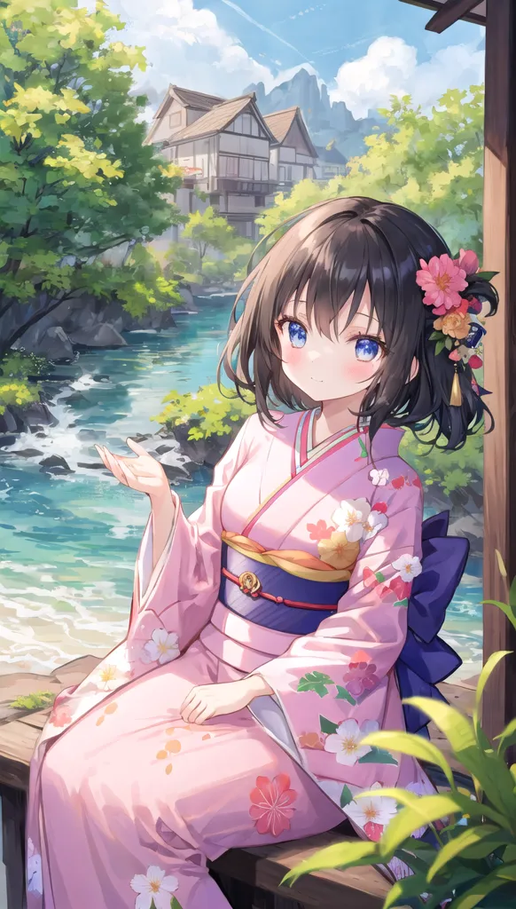 The image is a painting of a young girl in a pink kimono with white and yellow floral designs. The girl is sitting on a wooden porch with a beautiful landscape of a river and mountains in the background. The girl has brown hair with pink and white flowers in her hair. She is looking at the viewer with a gentle smile on her face.