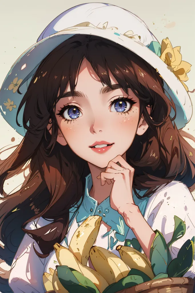 This is an illustration of a young woman with long brown hair and blue eyes. She is wearing a white hat with a blue flower on it and a white shirt with a blue collar. She has a soft smile on her face and is holding a bunch of bananas in her left hand while resting her chin on her right hand.