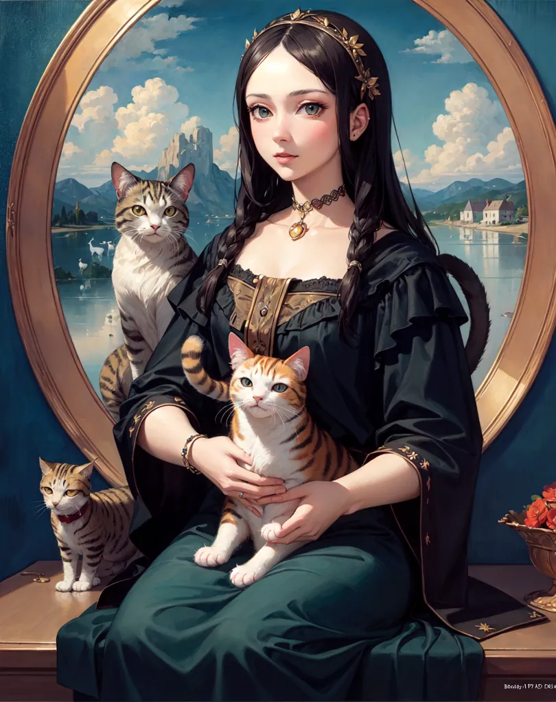 The image is a painting of a young woman with long black hair and green eyes. She is wearing a black dress with a white collar and a gold necklace. She is sitting on a chair and has three cats on her lap. The cats are a white cat, a tabby cat, and a calico cat. The woman is sitting in front of a lake with a castle in the background.