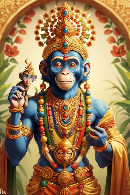 The image shows a blue monkey god with a golden crown and jewelry. He is wearing a white and orange dhoti and has a small blue monkey god on his shoulder. The background is a blur of green leaves and flowers.