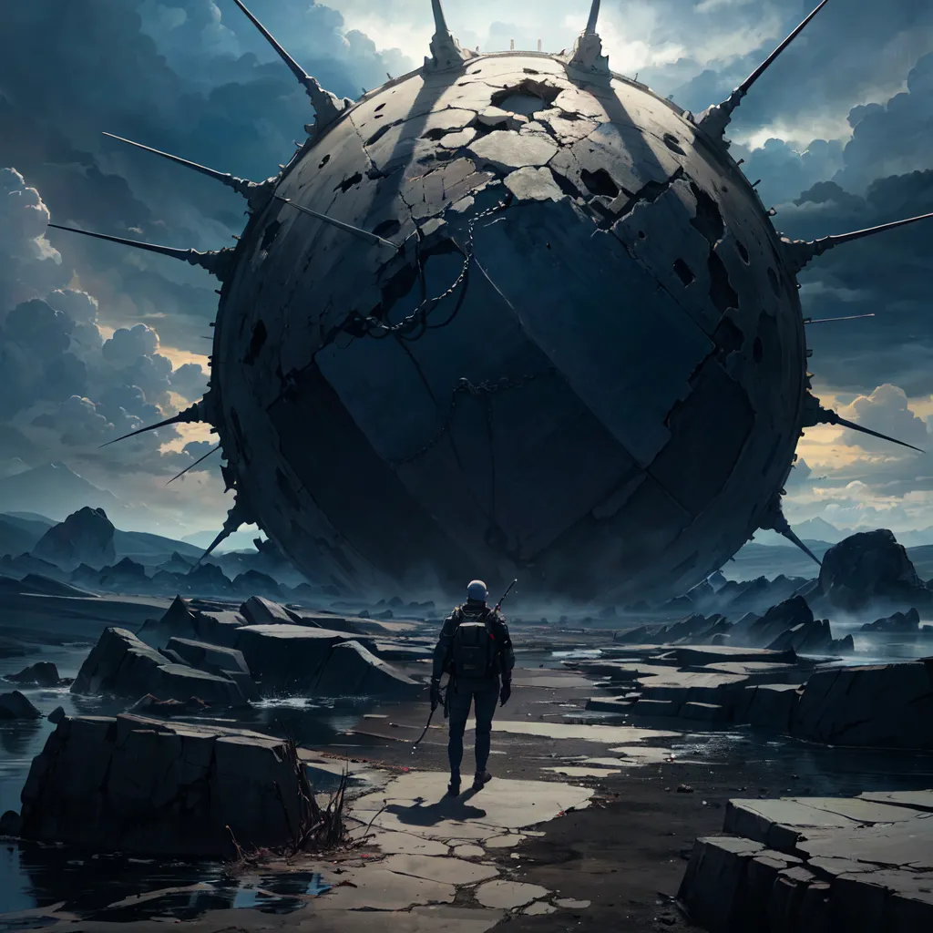 The image is a post-apocalyptic landscape. There is a large, metallic sphere in the middle of the image. The sphere is cracked and damaged. There is a figure standing in front of the sphere. The figure is wearing a white spacesuit. The figure is carrying a gun. There are large rocks and mountains in the background. The sky is dark and cloudy.