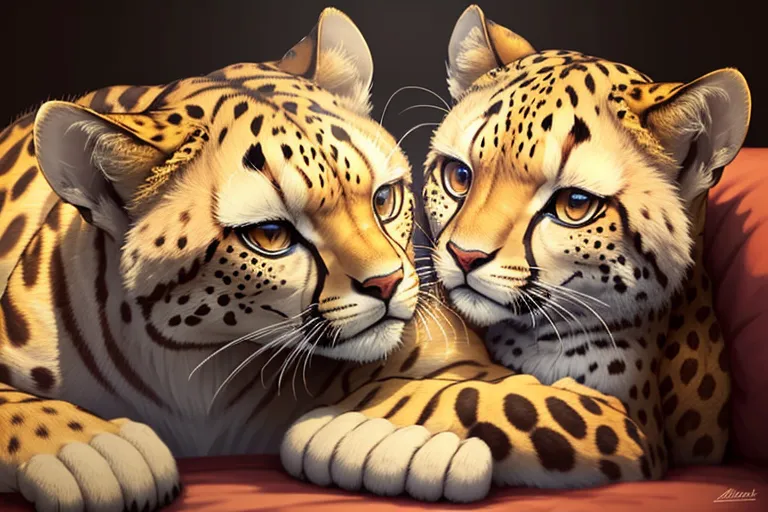 The image is a painting of two cheetahs lying on a red cloth. The cheetahs are lying next to each other. The cheetah on the left is looking at the other one. The one on the right is looking at the viewer. The cheetahs are both very beautiful and majestic. The painting is very realistic and lifelike.