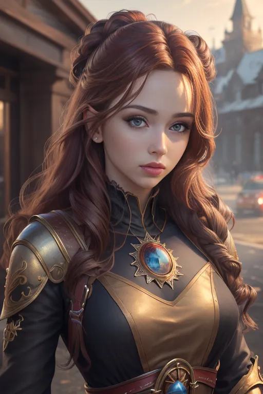 The image shows a beautiful young woman with long, wavy brown hair and blue eyes. She is wearing a black and gold-colored outfit with a breastplate and a skirt. The outfit is decorated with gold-colored buttons and trim. She is also wearing a necklace with a blue gem in the center. The woman is standing in a street with a blurred background.