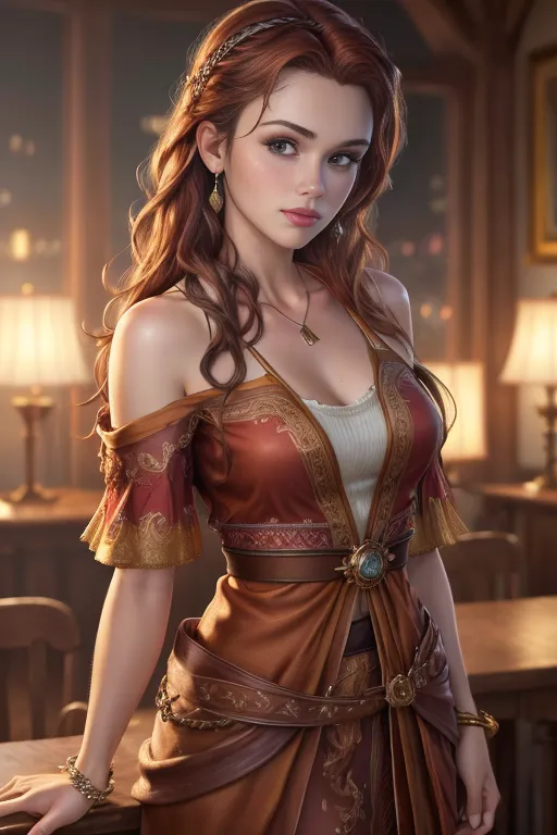 The image shows a beautiful young woman with long red hair and brown eyes. She is wearing a brown and red dress with a white camisole. The dress is off the shoulder and has a sweetheart neckline. She is also wearing a gold necklace and matching earrings. Her hair is styled with a braid on one side and the rest of it flowing down her back. She has a confident expression on her face and is looking at the viewer with her head tilted slightly to the side. She is standing in a room with a dark background and there are two lanterns on the table behind her.