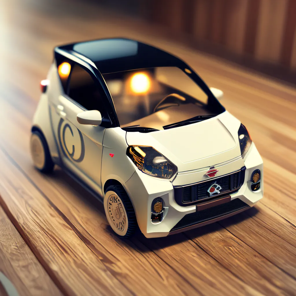 The image is a 3D rendering of a white and black car on a wooden surface. The car is a small, futuristic model with a rounded shape and large headlights. The car is lit by two spotlights from above. The background is a blurred wooden surface with a warm brown color.