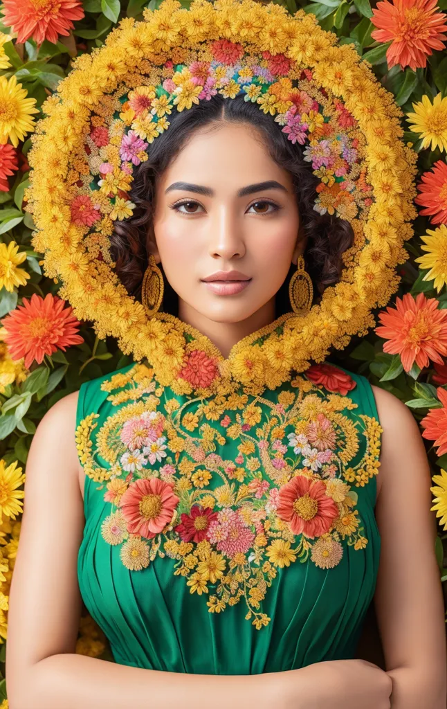 The picture shows a young woman, with curly black hair, wearing a green dress with a floral pattern. The flowers on the dress are yellow, orange, and pink. She is also wearing a large necklace made of flowers and leaves. The background of the picture is a blur of yellow and orange flowers. The woman is looking at the camera with a serious expression on her face.