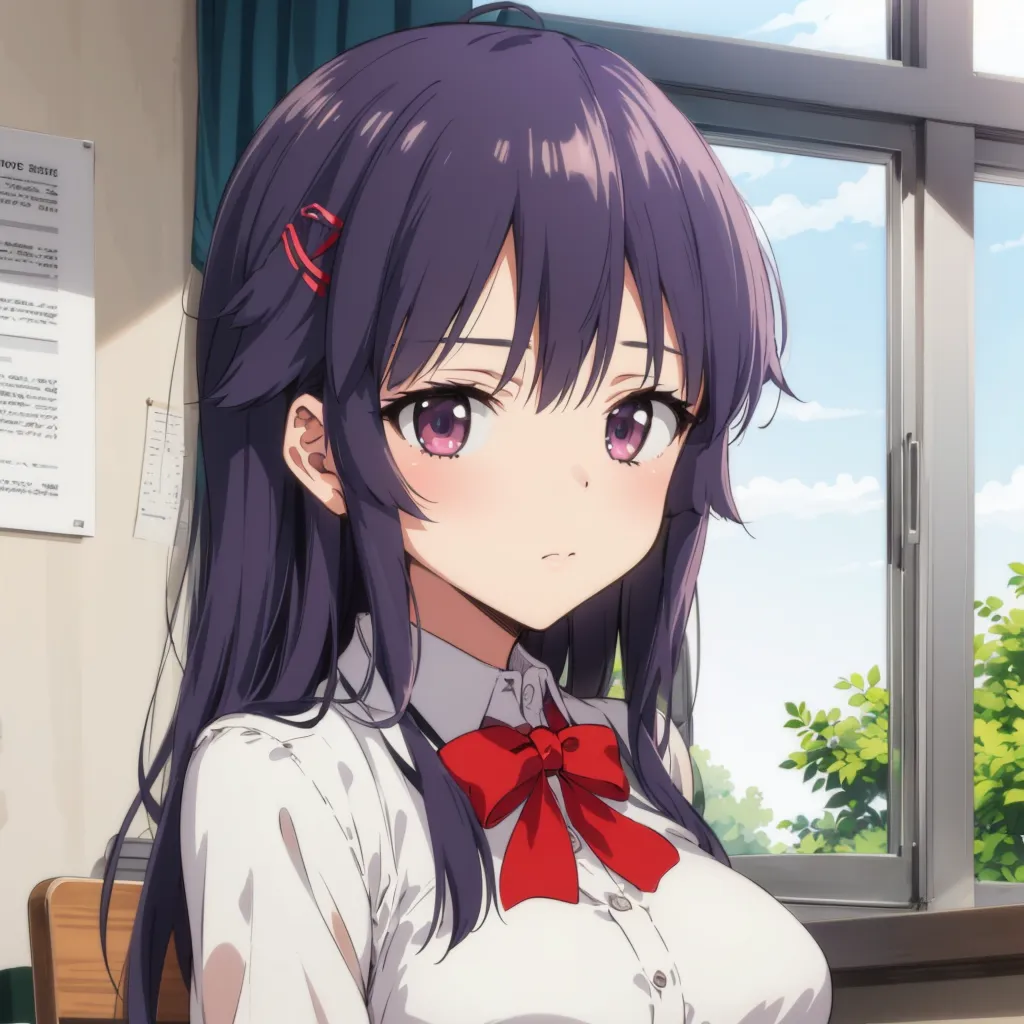 The image shows a girl with purple hair and purple eyes. She is wearing a white shirt with a red ribbon and has a red hair tie. She is sitting in a classroom and looking out the window. The window is open, and there are trees outside. The sun is shining, and there are clouds in the sky.