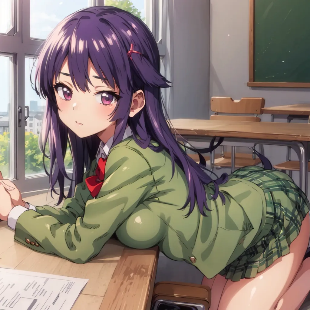 The image is a picture of a young woman with purple hair and purple eyes. She is wearing a green blazer, a white blouse, and a gray skirt. She is sitting on a chair in a classroom. She has her hands on the desk. She is looking at the viewer with a shy expression on her face.