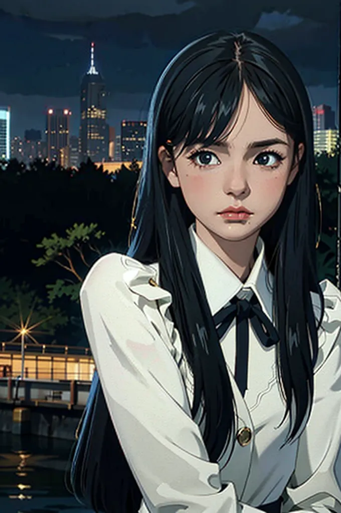 The image is a portrait of a young woman with long black hair. She is wearing a white blouse with a black bow tie. The background is a blurred cityscape at night.