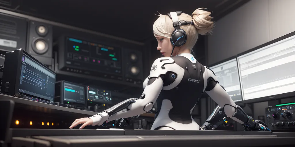 The image shows a female cyborg sitting in a dark room. She is wearing a white and black bodysuit and has a ponytail. She is also wearing headphones and there are several computer screens in front of her. She is sitting in a chair and has her hands on a mixing console. There are also several speakers and other electronic equipment in the room.