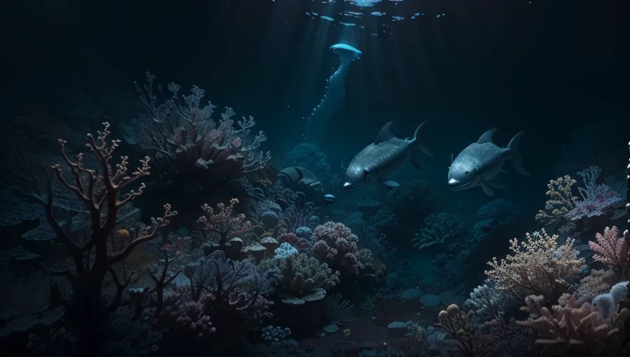 La imagen es una escena submarina oscura. Peces bioluminiscentes nadan cerca de un arrecife de coral. Los peces son de color azul y blanco, y el arrecife de coral es de color rosa, púrpura y azul. El agua es de color azul oscuro y hay un haz de luz que brilla desde la superficie.