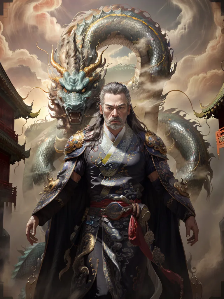 The image shows a man standing in front of a Chinese-style building. The man is wearing a black robe with gold trim and a red sash. He has long white hair and a beard. He is holding a sword in his right hand. There is a dragon behind the man. The dragon is green and gold with long whiskers. The dragon is standing on its hind legs and has its wings spread out. The background of the image is a cloudy sky with a few buildings in the distance.