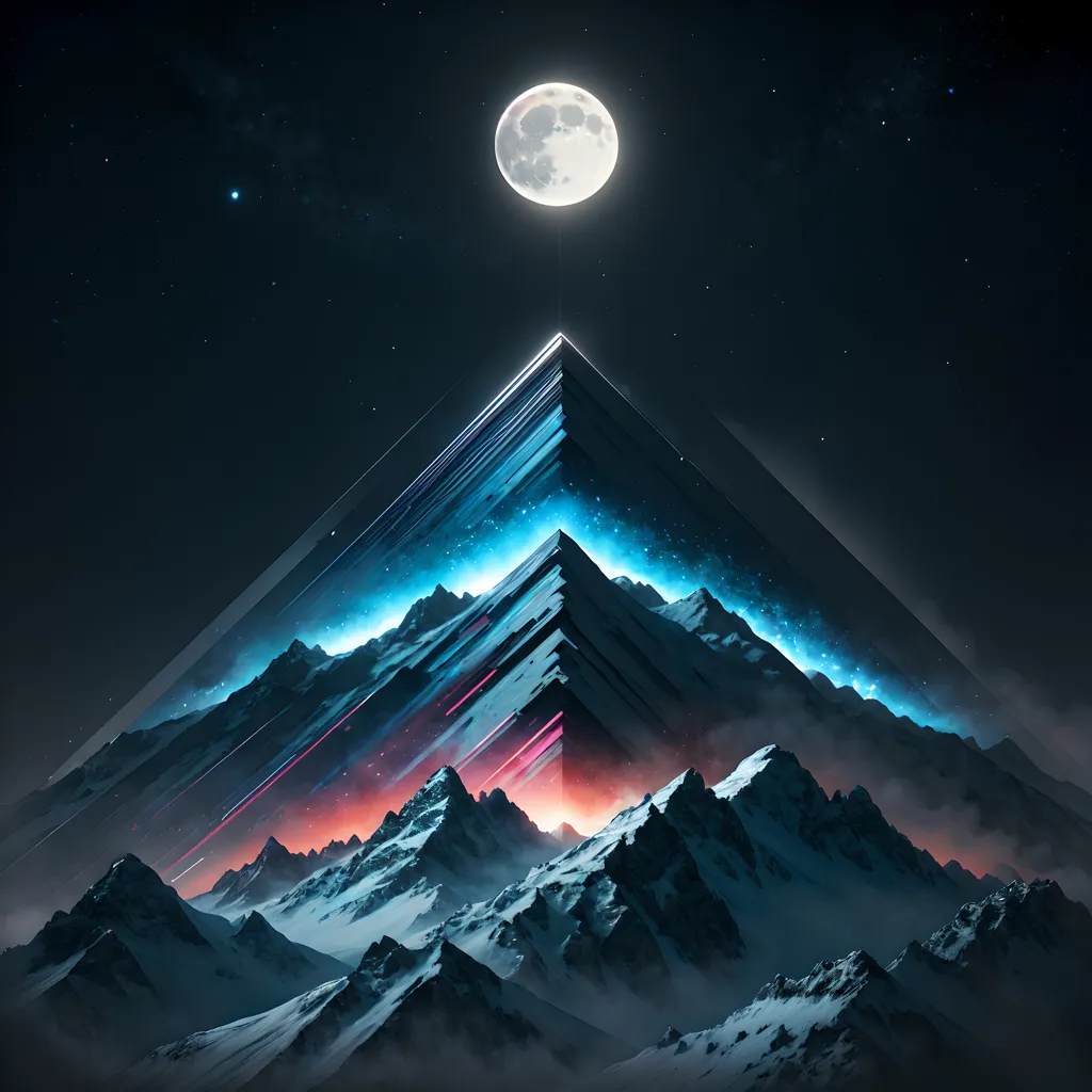 The image is a dark and mysterious landscape. There is a large mountain in the center of the image, and a full moon is rising behind it. The mountain is covered in snow. The sky is dark and there are no stars visible. The only light comes from the moon and the snow on the mountain. The image is very peaceful and serene.