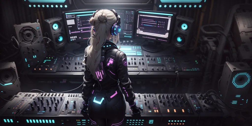 The image shows a person standing with their back to the viewer. They are wearing a black and purple outfit and have long blonde hair tied in a ponytail. They are in a room with a lot of electronic equipment. There are several computers, speakers, and other electronic devices. The person is wearing headphones and is using a mixing console. They are surrounded by blue and purple lights.