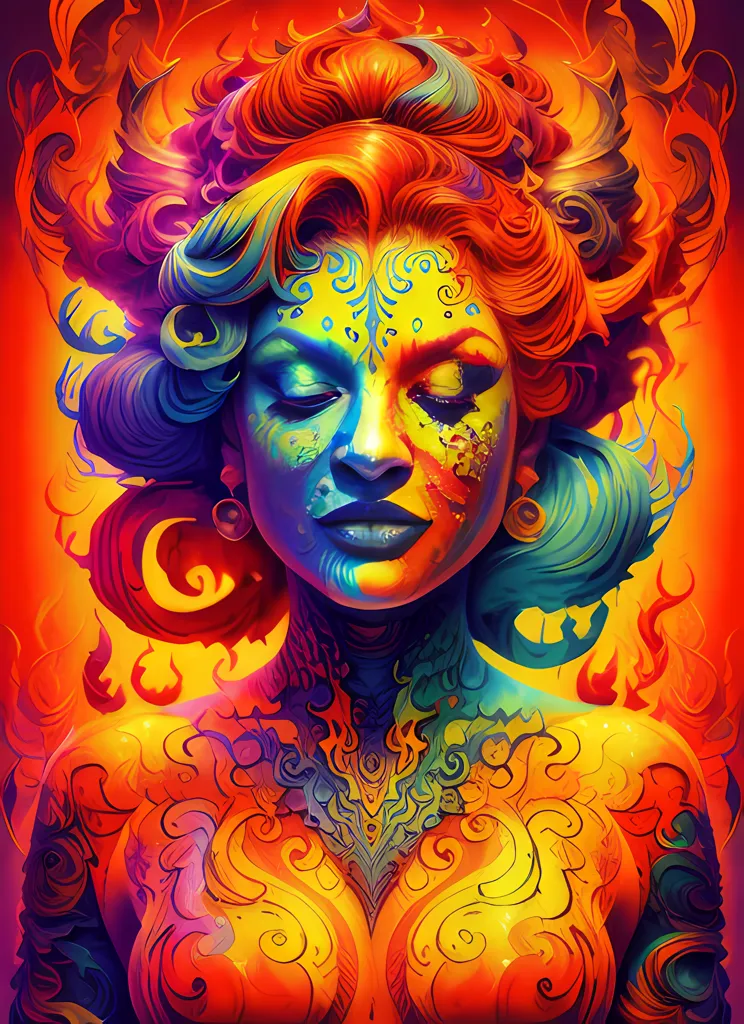 Esta imagen es un retrato de una mujer con el cabello rojo, naranja y amarillo. Su rostro está pintado de azul, verde y amarillo. Lleva un collar amarillo y tiene un tatuaje en el pecho. El fondo es naranja y amarillo. La imagen está en un estilo de dibujos animados.