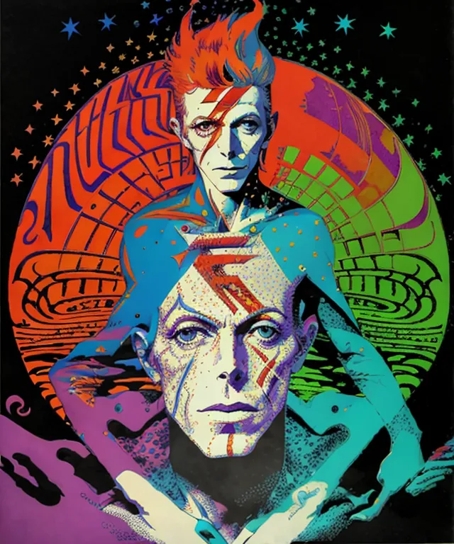 La imagen es un retrato de David Bowie, un cantante, compositor y actor británico. Se le muestra con un mullet rojo y naranja, y un rayo pintado en la cara. Lleva puesto un atuendo azul y morado. El fondo es una masa de color ondulante, con estrellas y un planeta. La imagen es psicodélica y colorida, y captura el estilo y la personalidad únicos de Bowie.