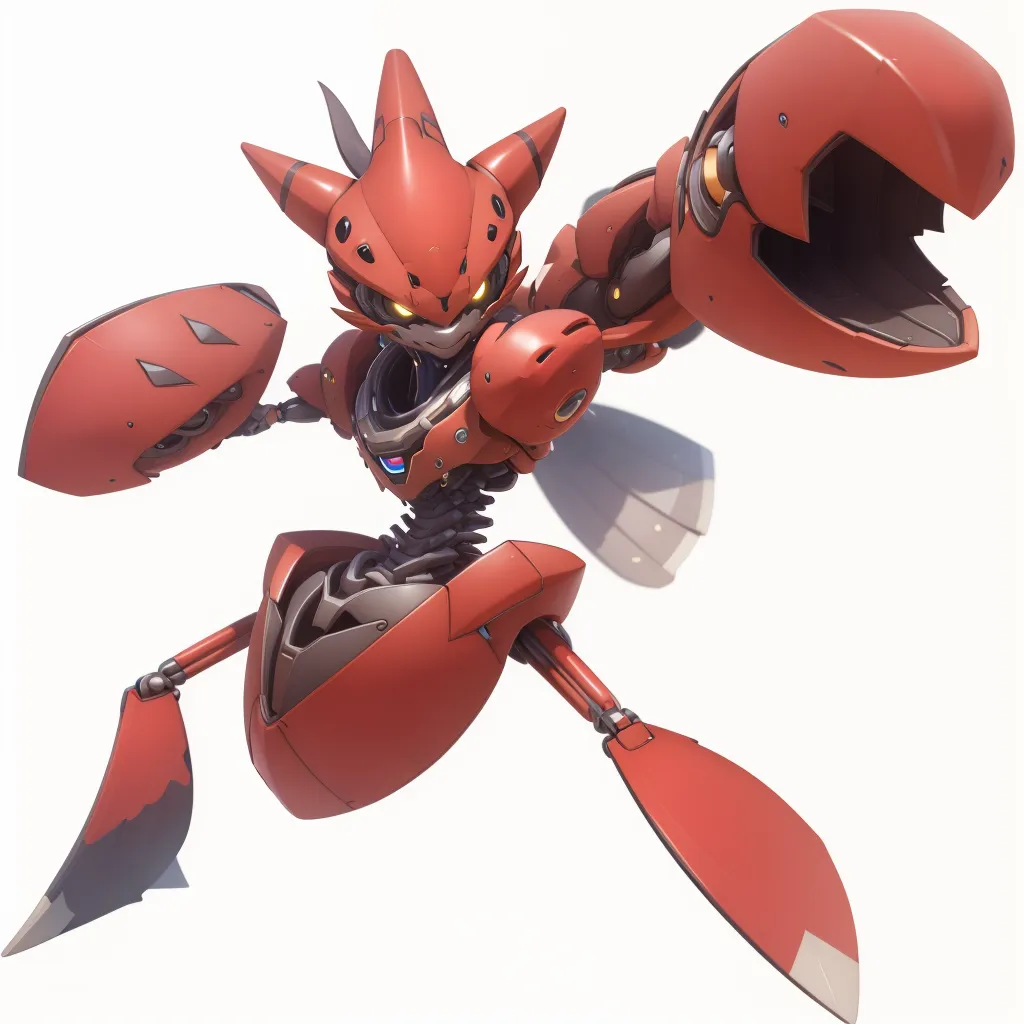 The image is a 3D rendering of a red and gray robot. The robot has a crab-like body with two large claws for hands. It also has a head with two eyes and a mouth. The robot is standing on two legs and has a tail.