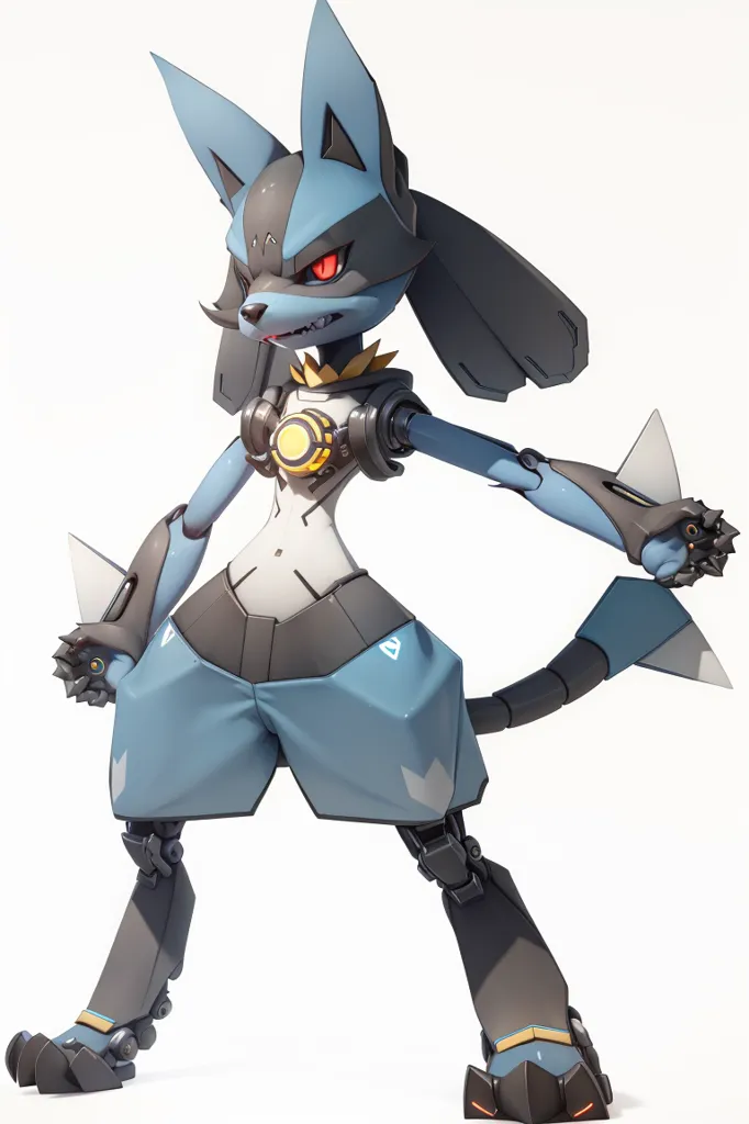 The image shows a robotic creature with the head of a wolf or fox. It has red eyes, and its body is mainly blue and gray. It has a yellow circle on its chest and is wearing a pair of blue shorts. Its arms and legs are mechanical, and it has a tail with a sharp point at the end. The creature is standing on two legs and has a determined expression on its face.